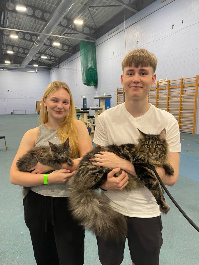 Two young people holding cats, with an indoor sports hall in the background.